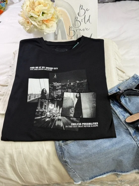 NYC Dreams Delights Graphic Y2K Luxury Black Tee - Picture 4 of 16